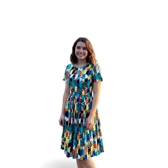 NEW LuLalRoe Amelia Dress Colorful Fit Flare Geometric Pattern Pleat Stretch XXS - Picture 3 of 16